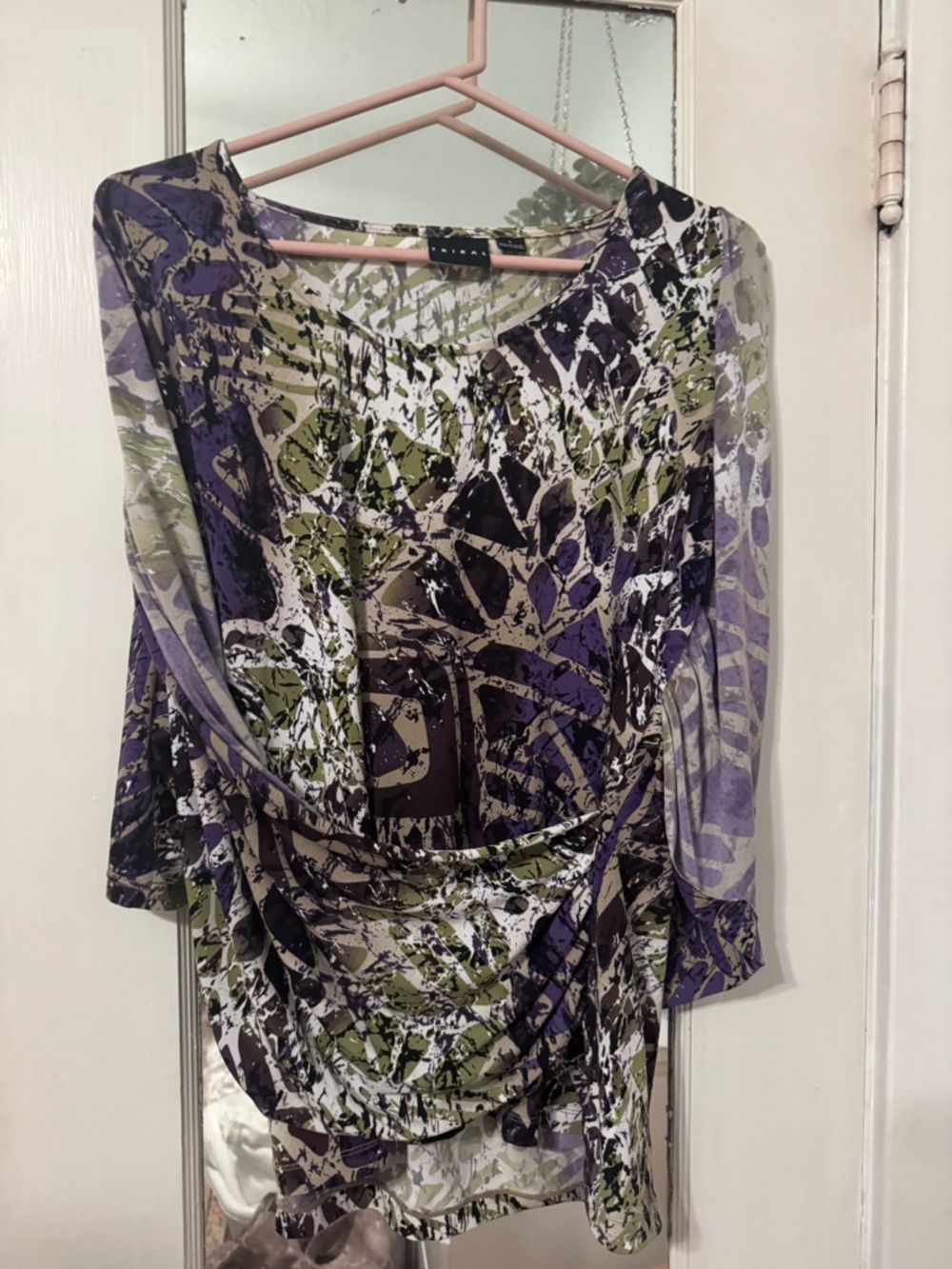 Tribal Fashion Abstract Print Draped Front Mesh Top - Purple & Green L